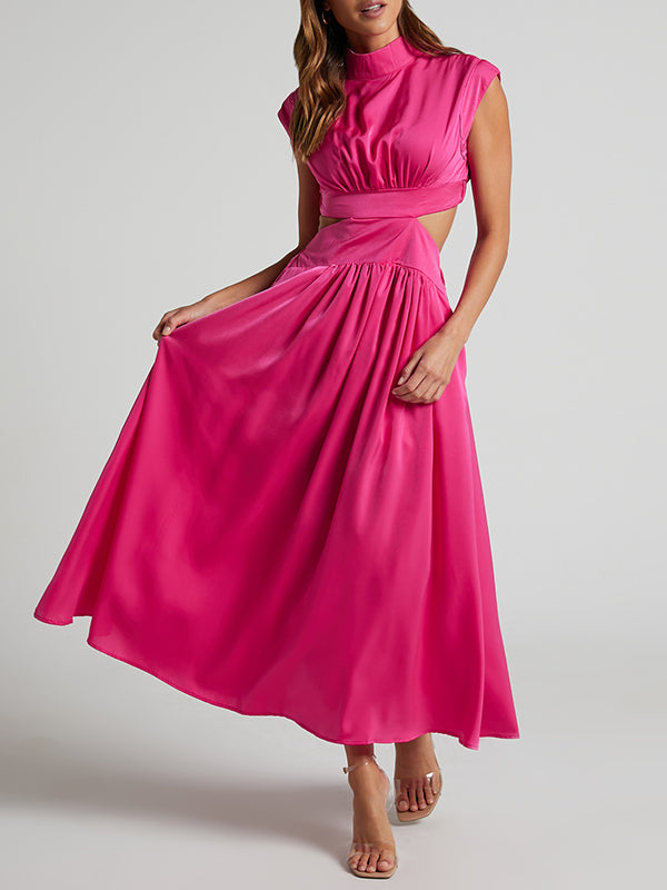 Belly-Hollow Pleated Solid Color Cap Sleeve Stand Collar Maxi Dresses