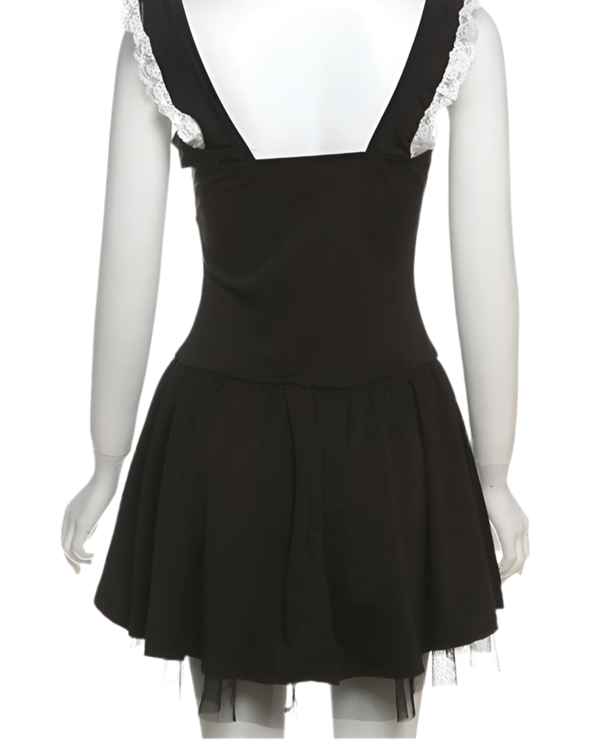 Black Lace Strap Pleated Mini Dress