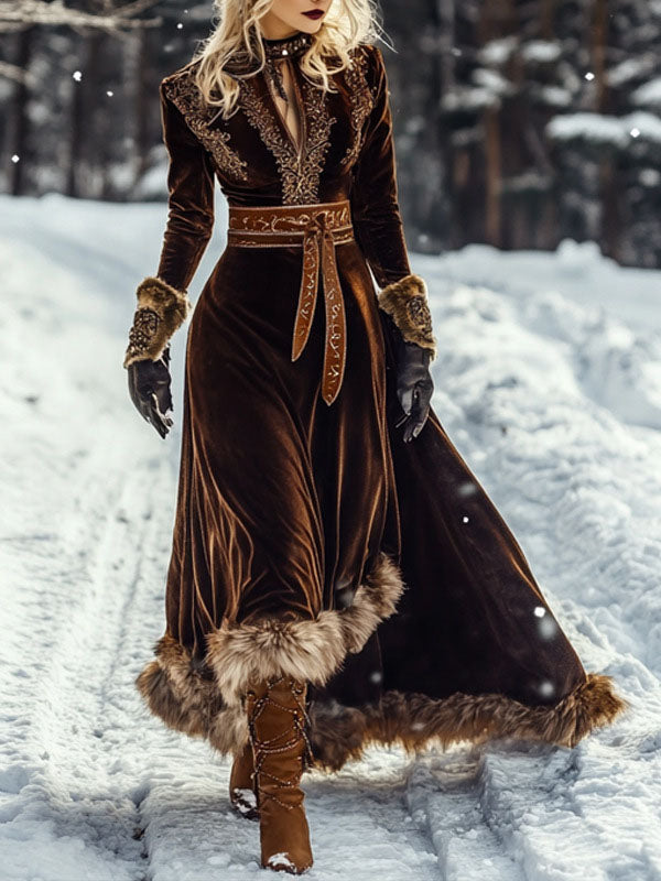 Velvet Patchwork Wool Long Sleeve Retro Maxi Dress