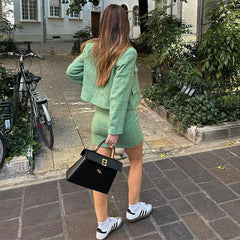 Fashion Green Tweed Coat and Skirt