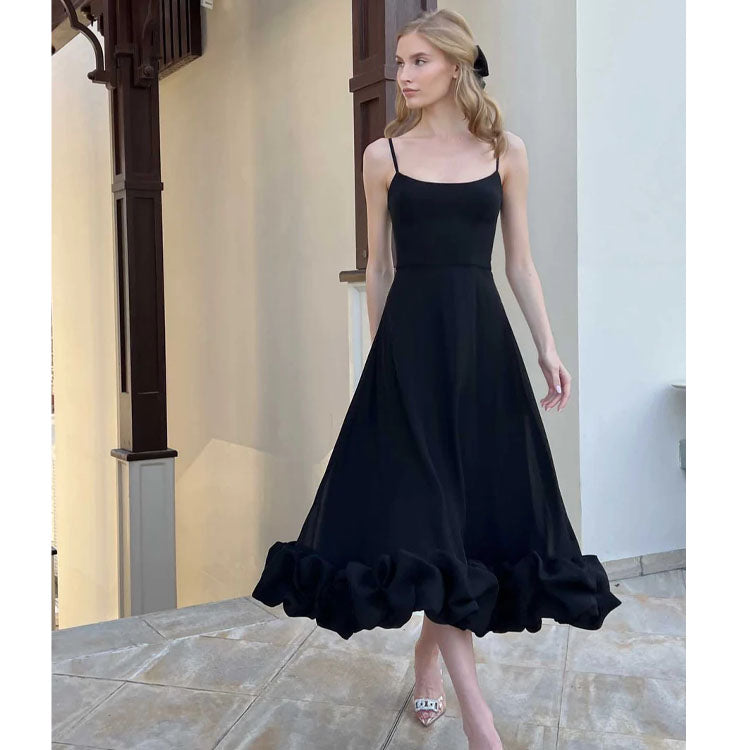 Spaghetti Strap Ruffle Bottom A-Line Midi Dress Flaxmaker