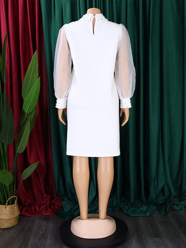 Beads Mesh Solid Color Split-Joint Puff Sleeves Round-neck Midi Dresses
