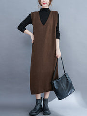 Vintage Solid Color Knitting V-Neck Sleeveless Sweater Dress