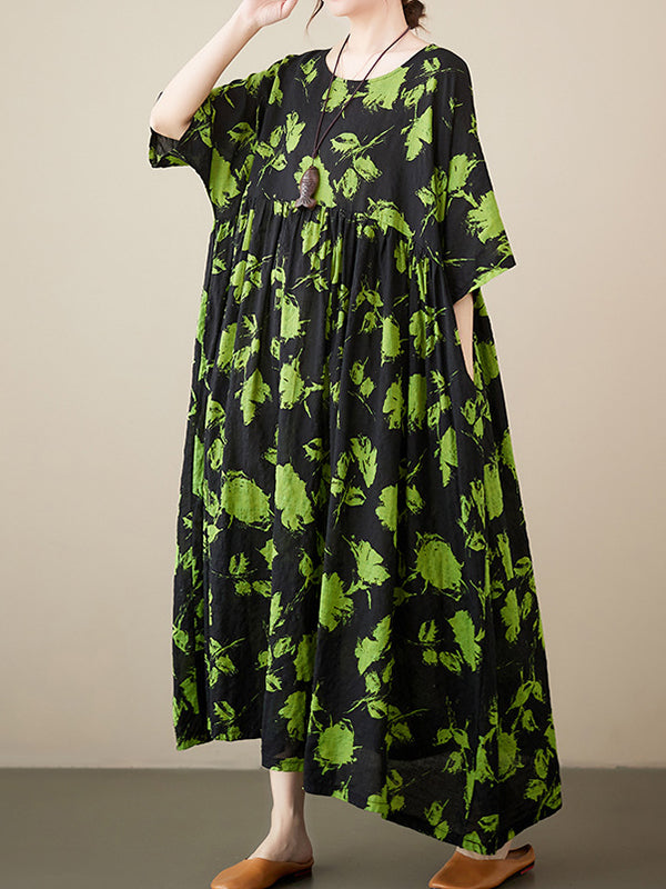 Floral Pleated Loose Round-neck Midi Dresses