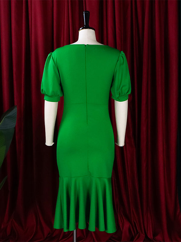 Pleated Solid Color Zipper Bodycon Mermaid V-Neck Midi Dresses