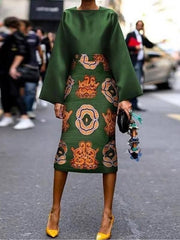 Long Sleeves Printed Round-Neck Midi Dresses