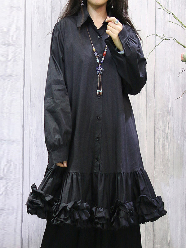 Buttoned Pleated Ruffled Solid Color Long Sleeves Loose Lapel Shirt Dress Midi Dresses