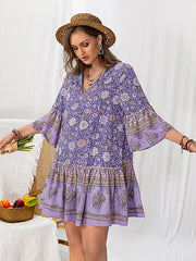 Bohemia Loose Flared Sleeves Floral Printed V-Neck Mini Dresses