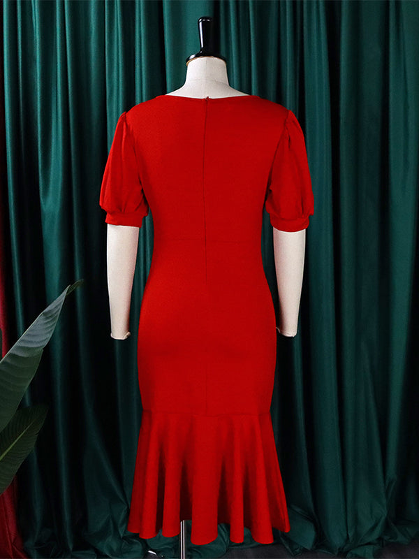 Pleated Solid Color Zipper Bodycon Mermaid V-Neck Midi Dresses