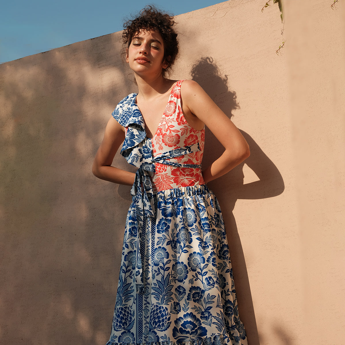 Flaxmaker Red Blue Mixed Floral Print Swimsuit and Cover Up