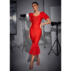 Puff Sleeve Fishtail Dress