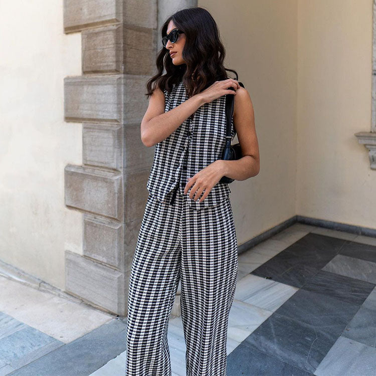 Fashion Plaid Printed Top and Pants Set