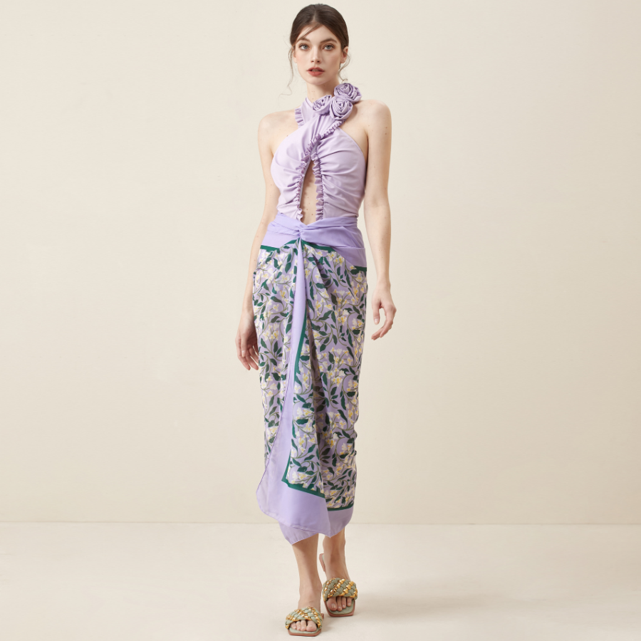 3D Flower Halter Backless One Piece Swimsuit and Sarong Flaxmaker