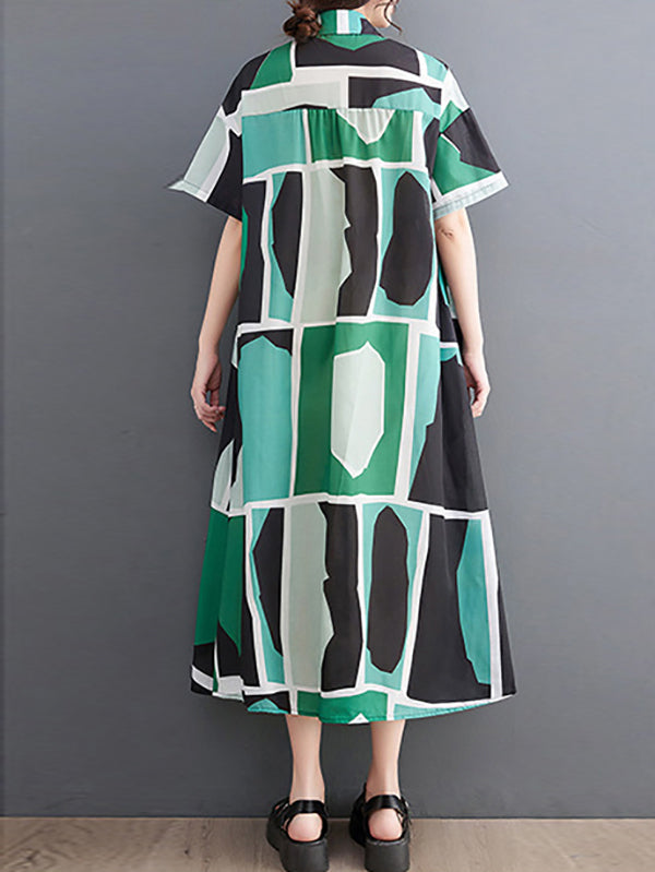 Color-Block Printed Loose Oversize Lapel Shirt Dress Midi Dresses