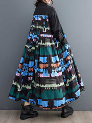 Buttoned Pleated Printed Split-Joint A-Line Long Sleeves Lapel Midi Dresses