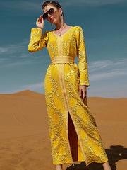 Vacation Loose A-Line Lace-Up Embroidered Solid Color V-Neck Dress