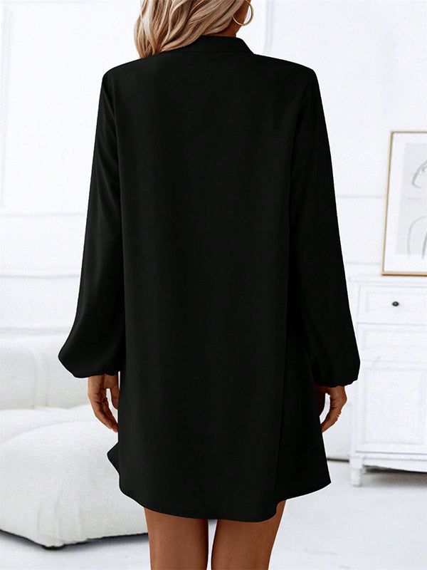 Buttoned Solid Color A-line Long Sleeves V-neck Mini Dresses