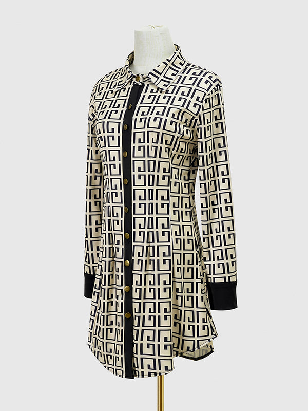 Buttoned Contrast Color Printed Long Sleeves Lapel Mini Dresses