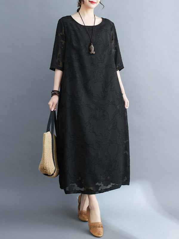 Jacquard See-Through Solid Color Loose Three-quarter Sleeves Round-neck Midi Dresses