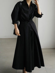 Long Sleeves Loose Pleated Solid Color Split-Joint Tied Waist Lapel Midi Dresses Shirt Dress
