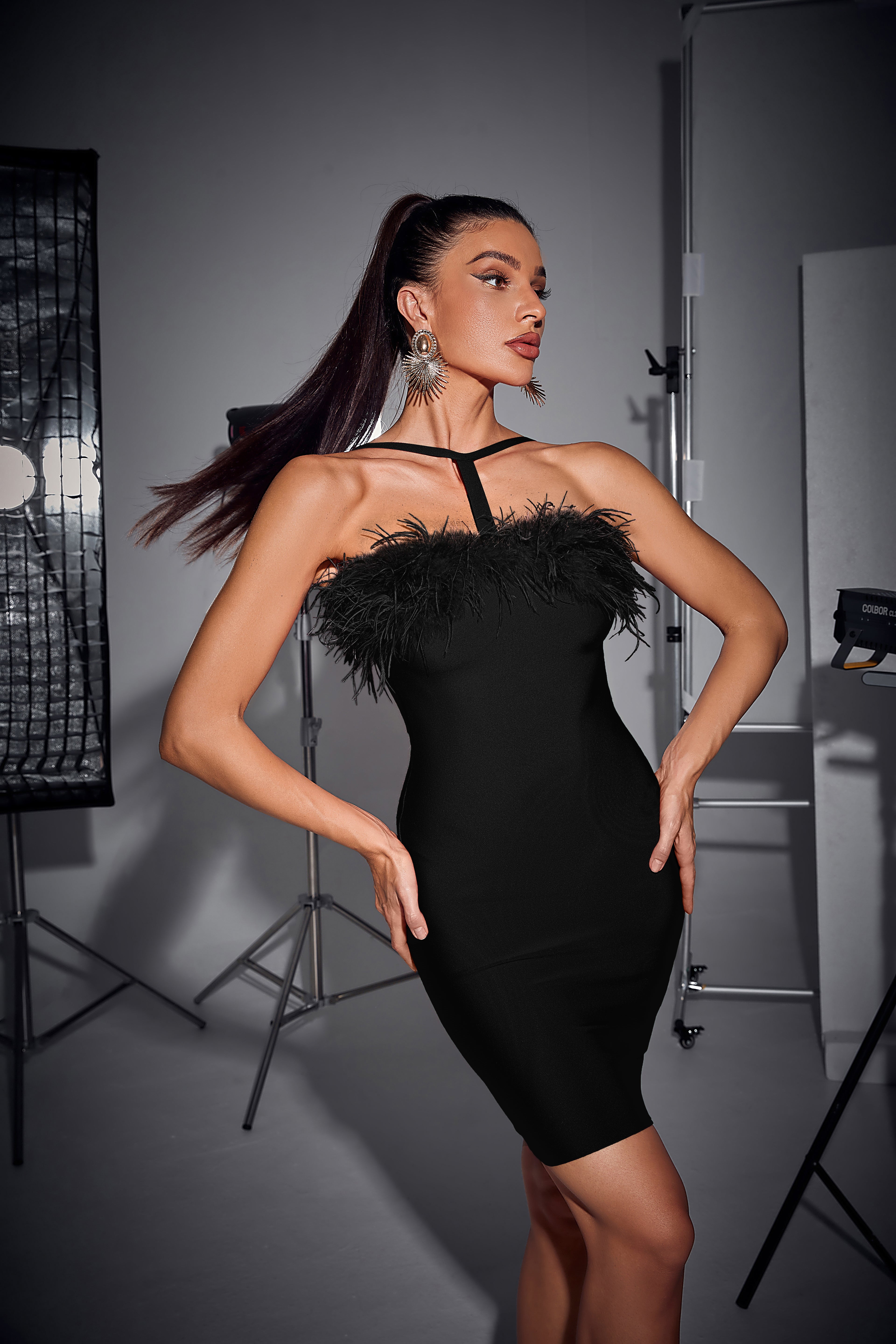 Halter Feathers Off Shoulder Bandage Dress