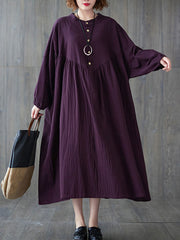 Pleated Solid Color Loose Puff Sleeves Stand Collar Midi Dresses