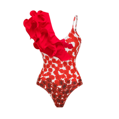 Flower Gradient Print One Shoulder Ruffle One Piece Swimsuit and Skirt (Shipped on Jan 14th)