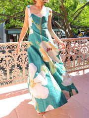 Flower Printed Sleeveless Spaghetti-Neck Elegant Maxi Dresses