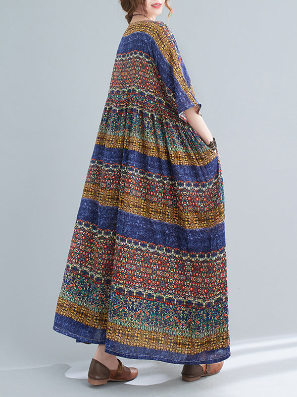 Batwing Sleeves Raglan Sleeve Printed Striped Round-Neck Midi Dresses