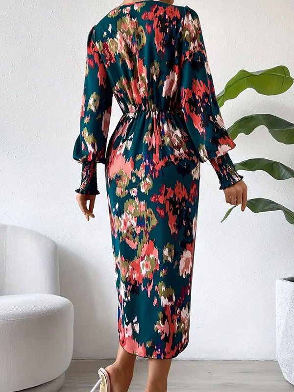 Elasticity Floral Printed Long Sleeves Loose V-Neck Shirt Dress Midi Dresses