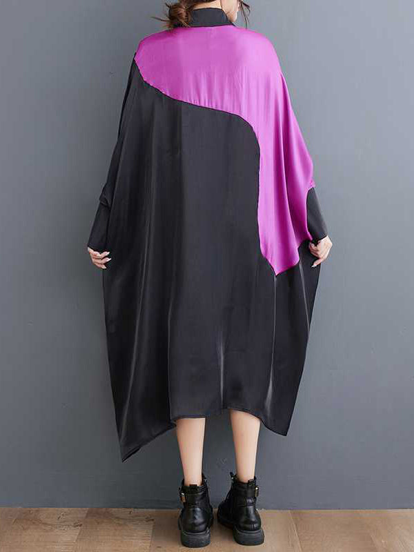 Asymmetric Buttoned Contrast Color Split-Joint Batwing Sleeves Loose Lapel Midi Dresses