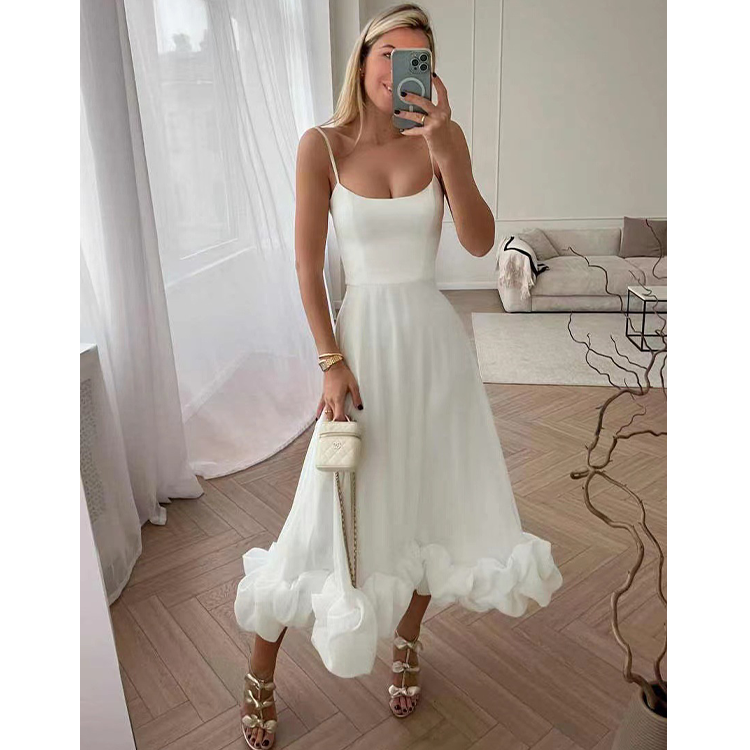 Spaghetti Strap Ruffle Bottom A-Line Midi Dress Flaxmaker