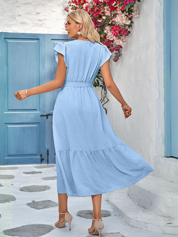 Vacation Sleeveless Loose Lace-Up Solid Color V-Neck Midi Dress