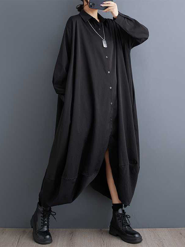Buttoned Pockets Solid Color Split-Joint A-Line Long Sleeves Lapel Shirt Dress Midi Dresses