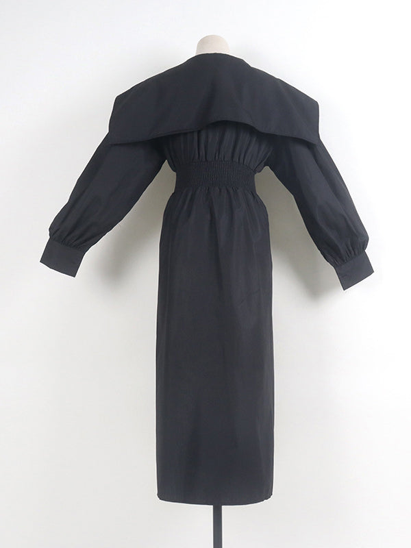 Asymmetric Belted Pleated Solid Color High Waisted Long Sleeves Lapel Midi Dresses