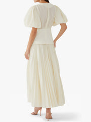 Solid Color Puff Sleeves Pleated High-Waisted Elegant Maxi Dresses