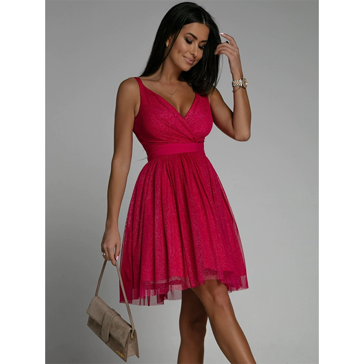 V Neck Slit Gauze Party Mini Dress