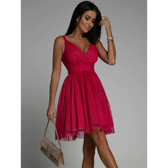 V Neck Slit Gauze Party Mini Dress