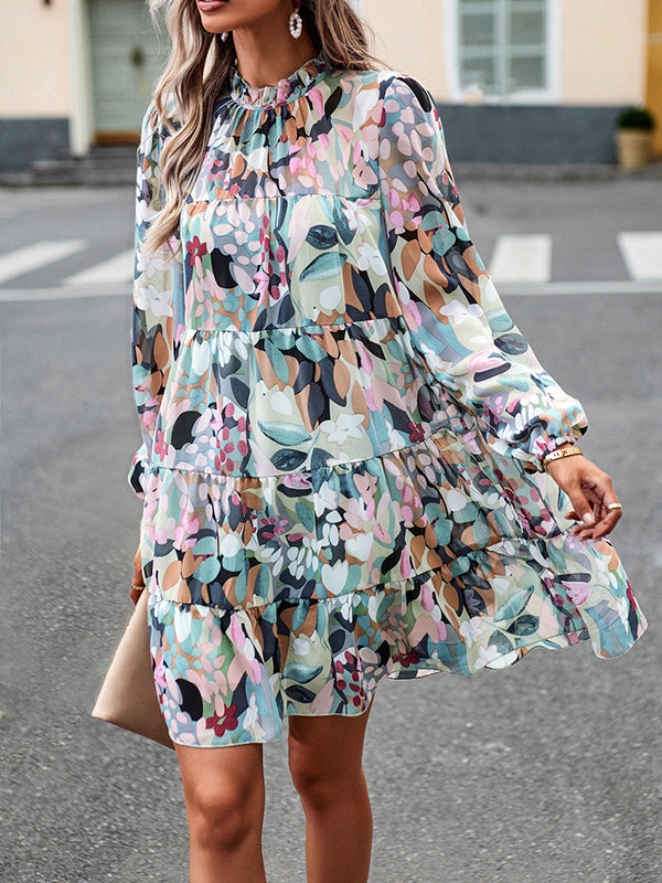 Printed Split-Joint Tied A-Line High Waisted Mock Neck Mini Dresses