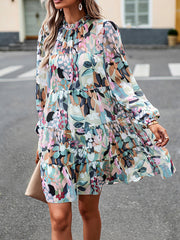 Printed Split-Joint Tied A-Line High Waisted Mock Neck Mini Dresses