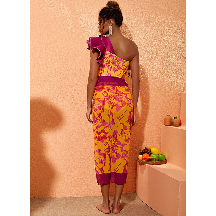 One Shoulder Ruffle Printed One Piece Swimsuit and Sarong Flaxmaker