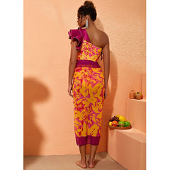 One Shoulder Ruffle Printed One Piece Swimsuit and Sarong Flaxmaker