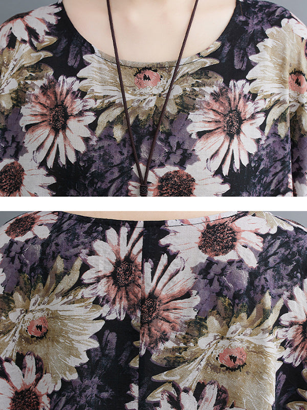 Floral Printed Pleated Split-Joint Loose Raglan Sleeve Round-Neck Midi Dresses