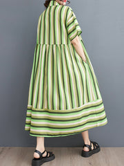 Split-Joint Striped Loose Short Sleeves Lapel Midi Dresses