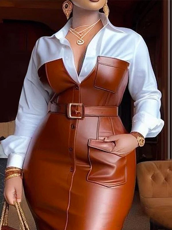 Belted Buttoned Split-Joint Long Sleeves Skinny Lapel Shirt Dress Midi Dresses