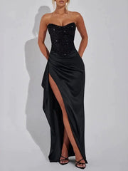 Sequinned Mesh Splicing Tube Split-Side Satin Evening Maxi Dresses