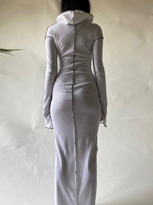 Solid Color Split-Joint Long Sleeves Plus Size Hooded Maxi Dresses