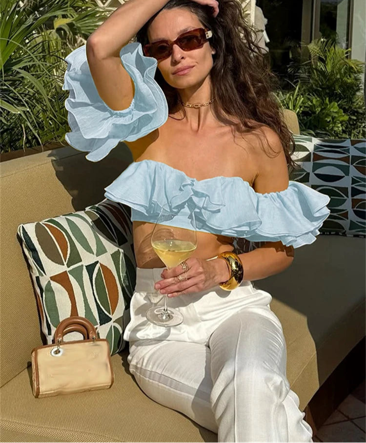 Off Shoulder Ruffle Crop Top - Casual Knit Tank