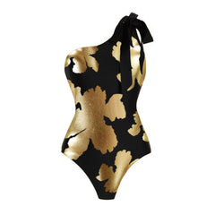 Flaxmaker One Shoulder Printed One Piece Swimsuit and Skirt