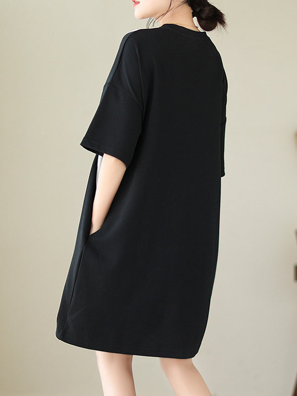 Split-Joint Loose Short Sleeves Round-Neck Mini Dresses